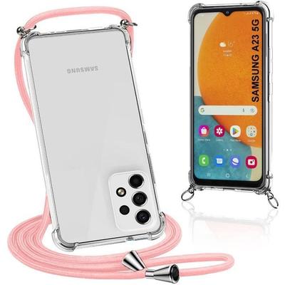 Protective Case - BOOLING - for Samsung Galaxy A23 5G - Transparent Silicone - Shockproof - Pink Lanyard Included