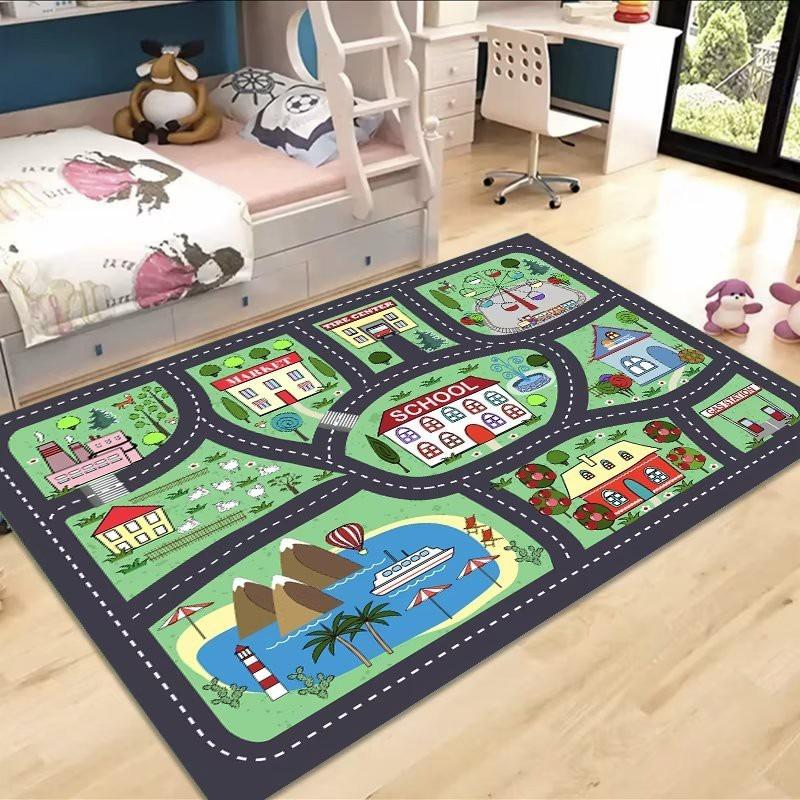 Kids Parking Lot Traffic Game Carpet Boy Car Cartoon Road Track Carpet Driveway Floor Mat Kids Game Crawl Floor Mat Home Decor