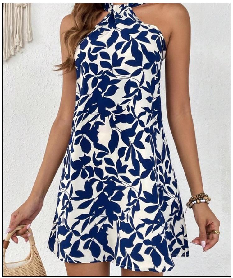 Europe, America 2025 Spring and Summer New Cross-border Amazon Printing Sleeveless Backless Short Skirt A Word Neck Dress Women's Clothing