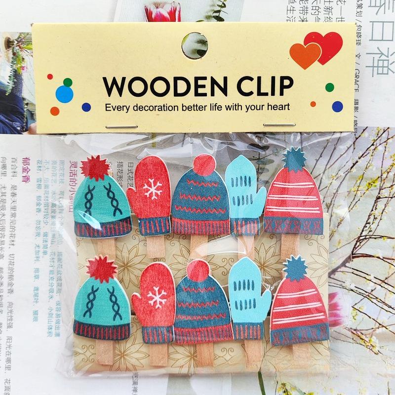 10 Pcs Cartoon Christmas Elements Hat Home Hanging Brush Photo Wall Kindergarten Flower Shop Card Small Wooden Clips