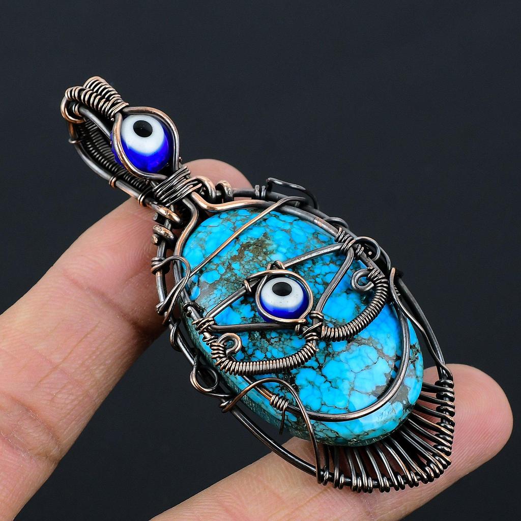 Tibetan Turquoise & Blue Evil Eye Pendant, 999 Copper Wire Wrapped Gemstone Jewelry, Handmade Pendant, For Thanksgiving