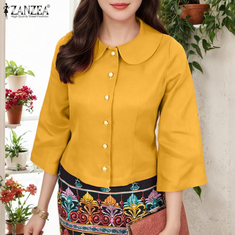 ZANZEA Women Doll Collar Loose Casual 3/4 Sleeve Blouse