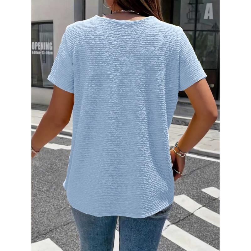 Camiseta Elegante Gola Boneca Tamanho Grande para Mulheres Cor Sólida Manga Curta Botões Plissados Tops Verão Solta Casual Simples Doce Camisa Roupa Feminina