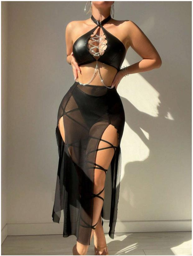 Sexy Strappy Halter Cutout Patent Leather Lingerie Set
