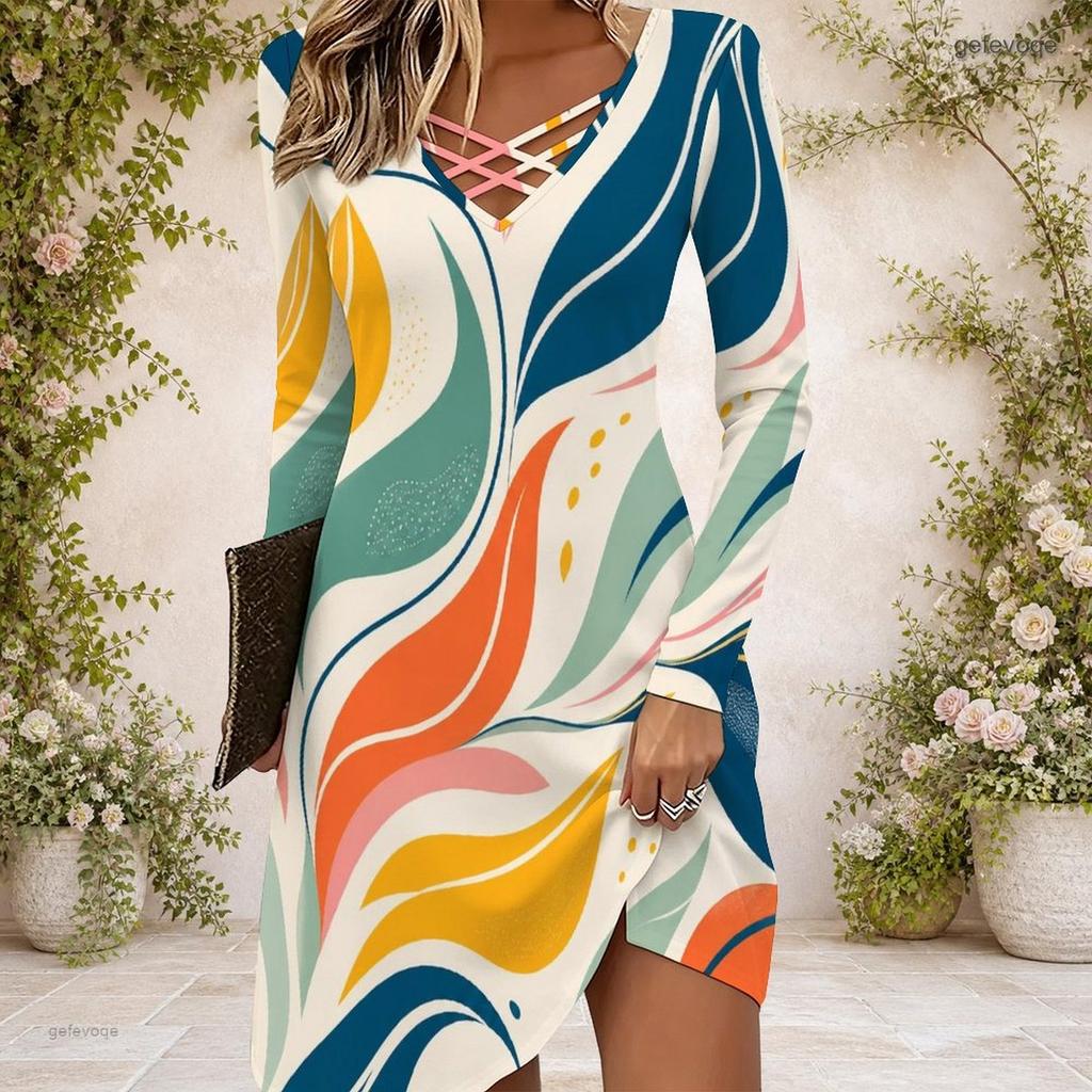 Women Criss Cross V Neck Long Sleeve Floral Printed Fitted Curved Hem Dress