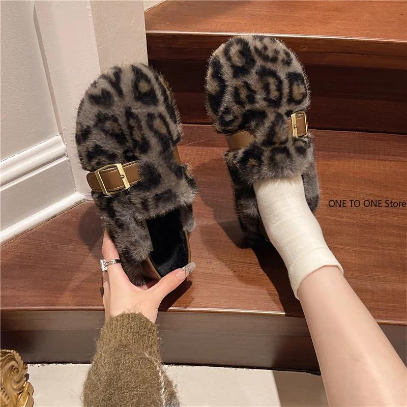 Pantofi Plați de Damă la Modă Iarnă Nou Cap Rotund Gură Adâncă Leopard Talpă Moale Antiderapanți Rezistenți la Uzură Pantofi de Pluș Tenis