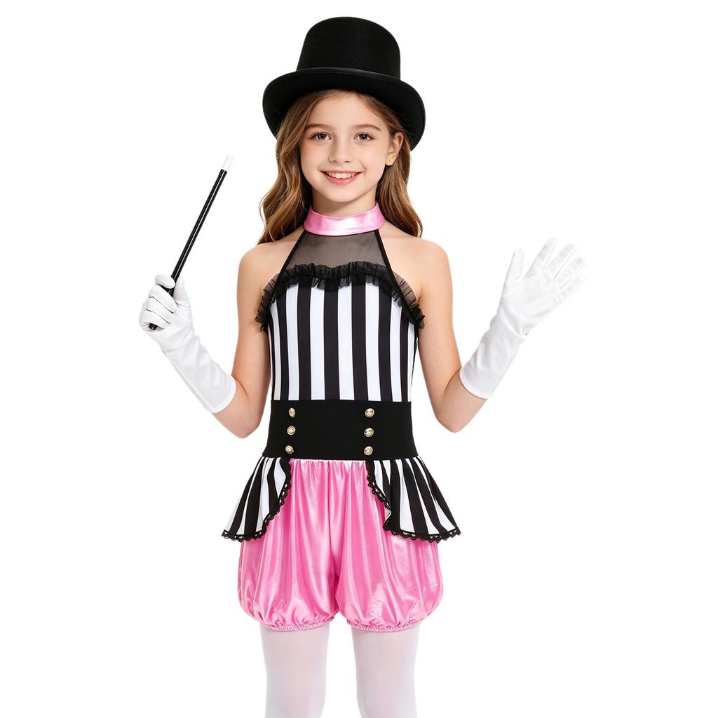 Girls Metallic Jumpsuit Sleeveless Patchwork Ringmaster Dress Up Set 4 Pieces Hat Wand Gloves