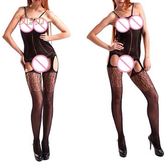 Lollipops Women's Body Stocking Open Crotch Lace Flower Sexy Black Sleepwear Jumpsuit