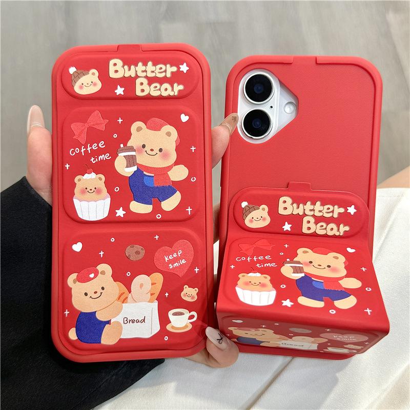Festive Red Scarf Bear Magnetic Folding Stand for IPhone16promax for IPhone 14 Phone Case 13/12