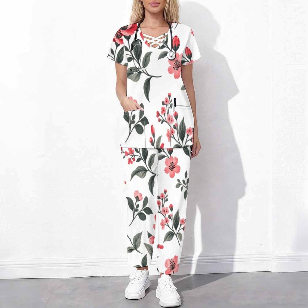 Women Plus Size White Floral Printed Scrub Set Cutout Neck Short Sleeve Pocket Top Long Pants