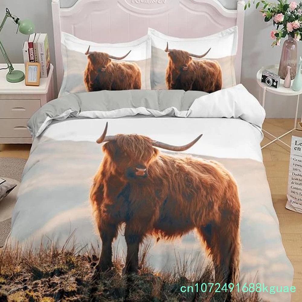 Zestaw poszewki na kołdrę Highland Scottish Cows Zwierzę Gospodarskie King Queen Pokrowiec na Kołdrę Dzikie Zwierzęta Zestaw Pościeli 2/3 szt. Poliestrowa Poszwa na Kołdrę