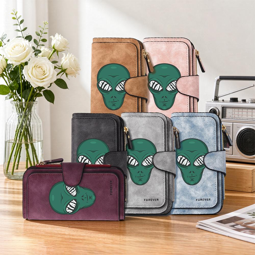 Green Alien Print Long Wallet Stylish Daily Use Card Holder Casual Portable Purse