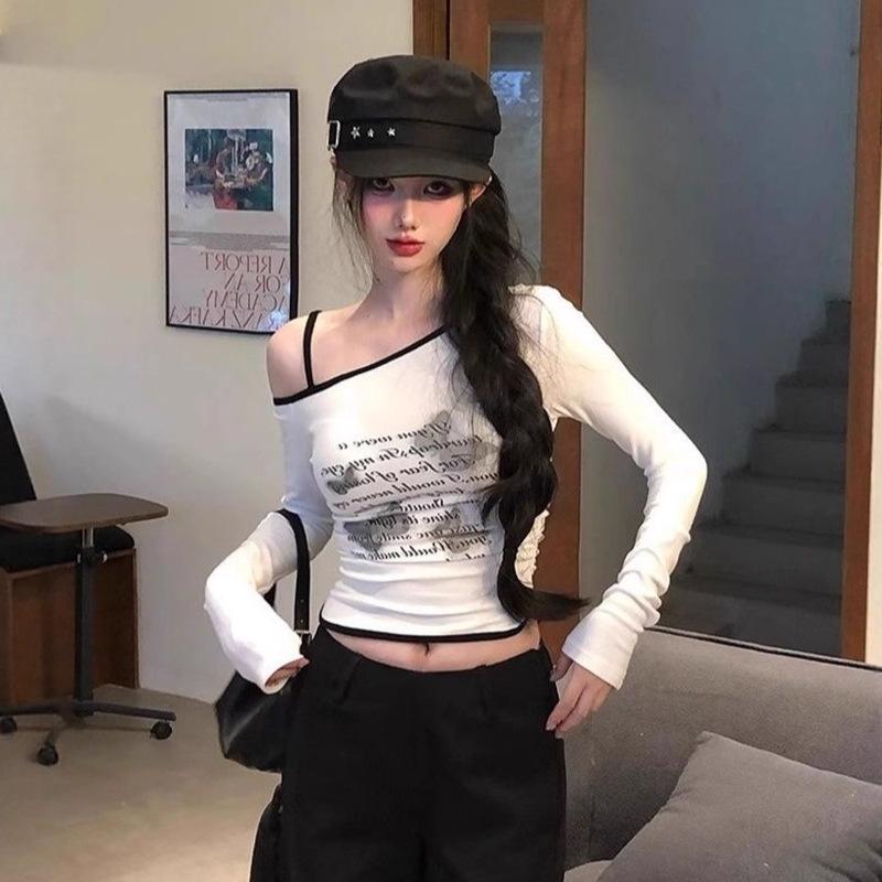 

Бархатный топ американского стиля с открытыми плечами: Косой воротник, Облегающий крой, Принт с бабочками, Контрастная отделка, Длинный рукав, Женская, Весна/Осень Extra Large белый