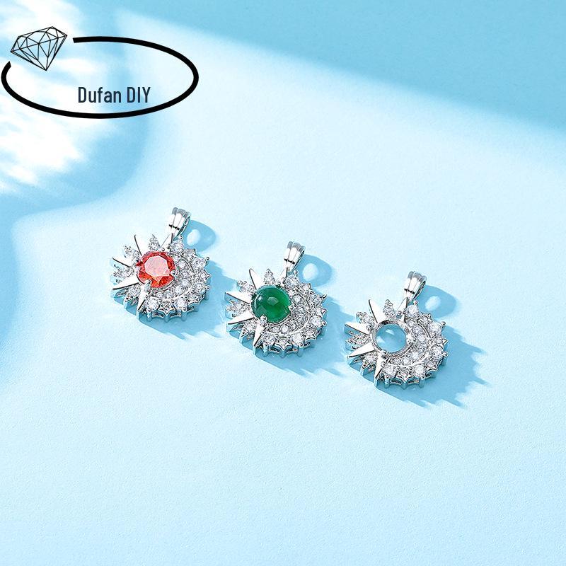 Women's Sun, Moon, Stars Pendant Setting In Copper with Imitation 925 Inlay for DIY CZ Emerald Cabochon.
