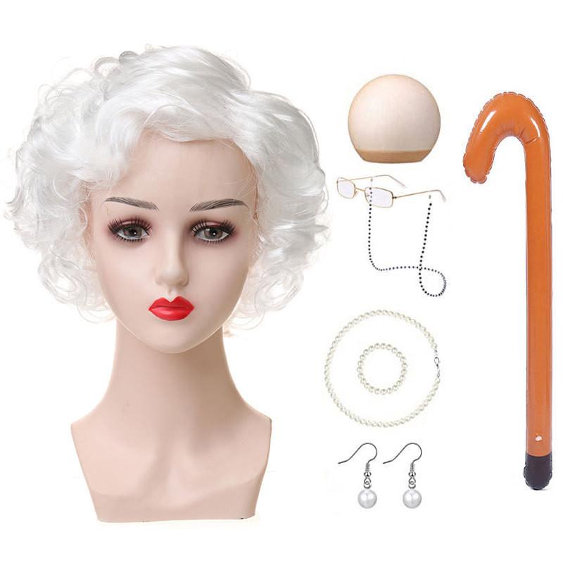 Versatile Short Curly Costume Wig Set For Grandmother Character Halloween Dress Up