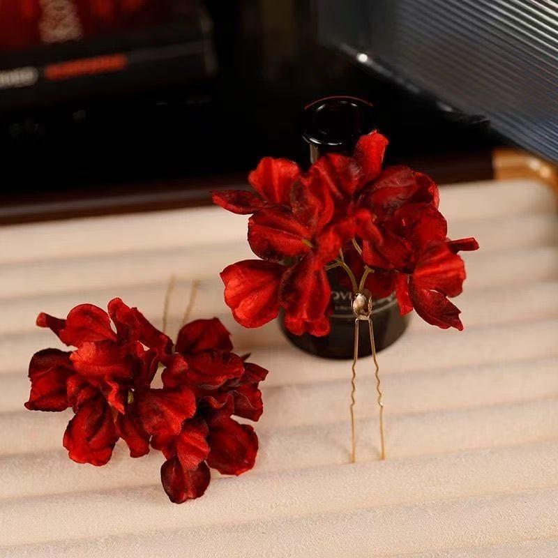 Retro Red Flower Hairpin, Wedding Bride Toast Flag Dress, Formal Dress Accessory, New Year Headwear
