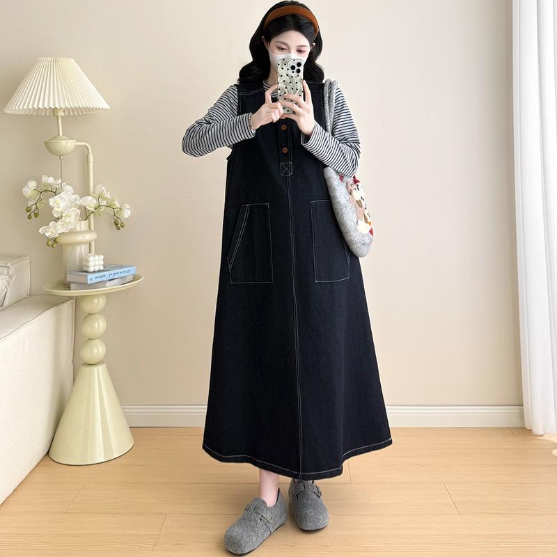 Spring 2026 Striped Top + Loose Denim Pinafore Maternity Set Large