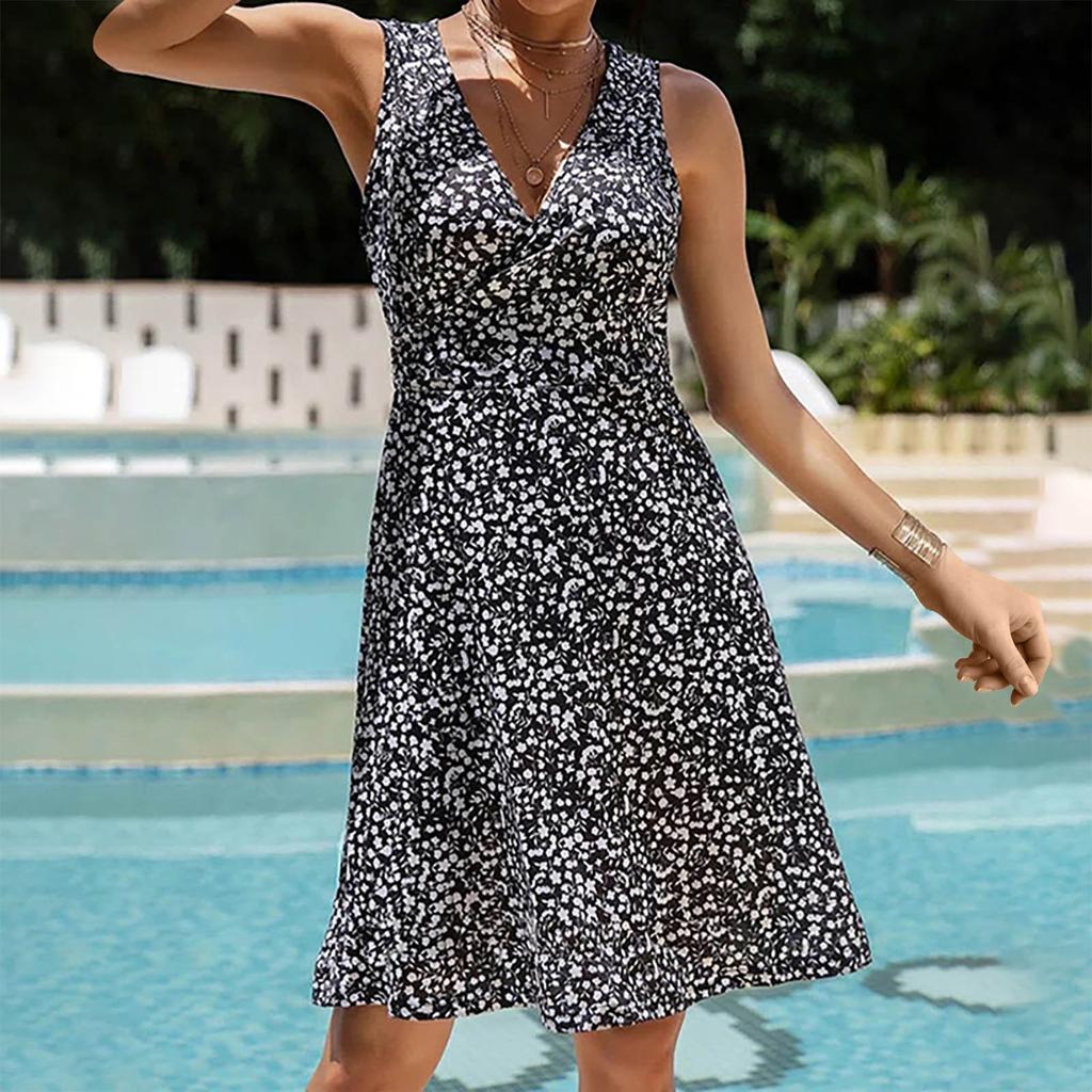 Ladies Sexy V-neck Mid-waist Floral Lace-up Sleeveless Vest And Swing Dress