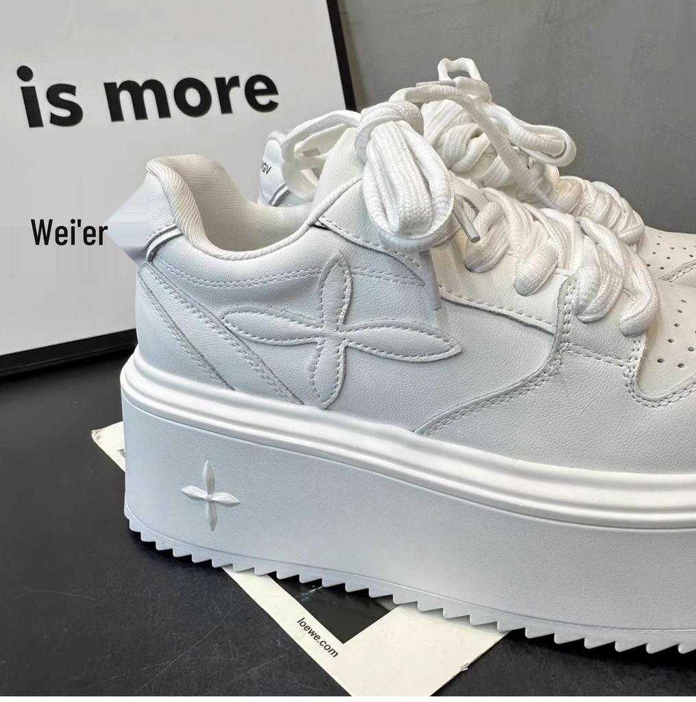 Versatile Lace-Up Platform Sneakers for Women - Height-Increasing, Trendy White Shoes for Spring & Autumn 2025