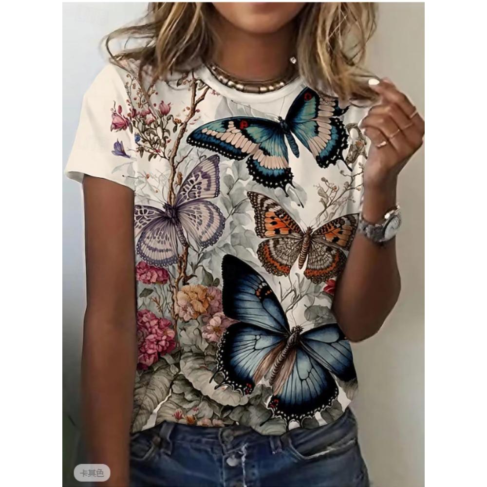 Fashion Women Retro Creative Butterfly Pattern Print T Shirt Funny Casual O-neck Short Sleeves T-shirt Summer Female Tee Shirt