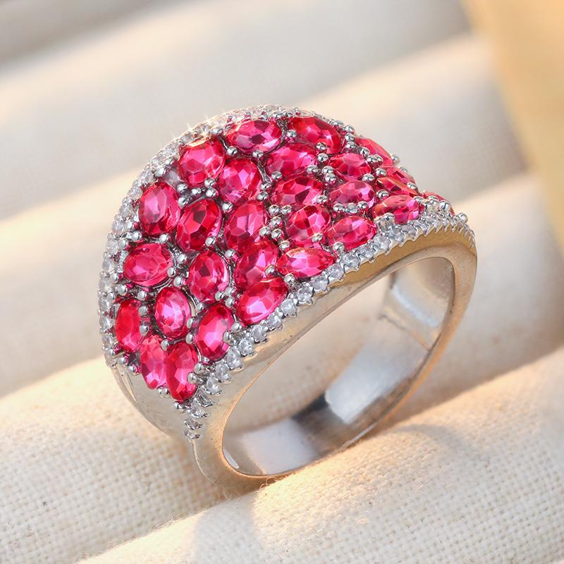 Luxury Inlaid Red CZ Women's Ring Aesthetic CopperColor Geometry Daily Wear Party Jewelry Anniversary Gift