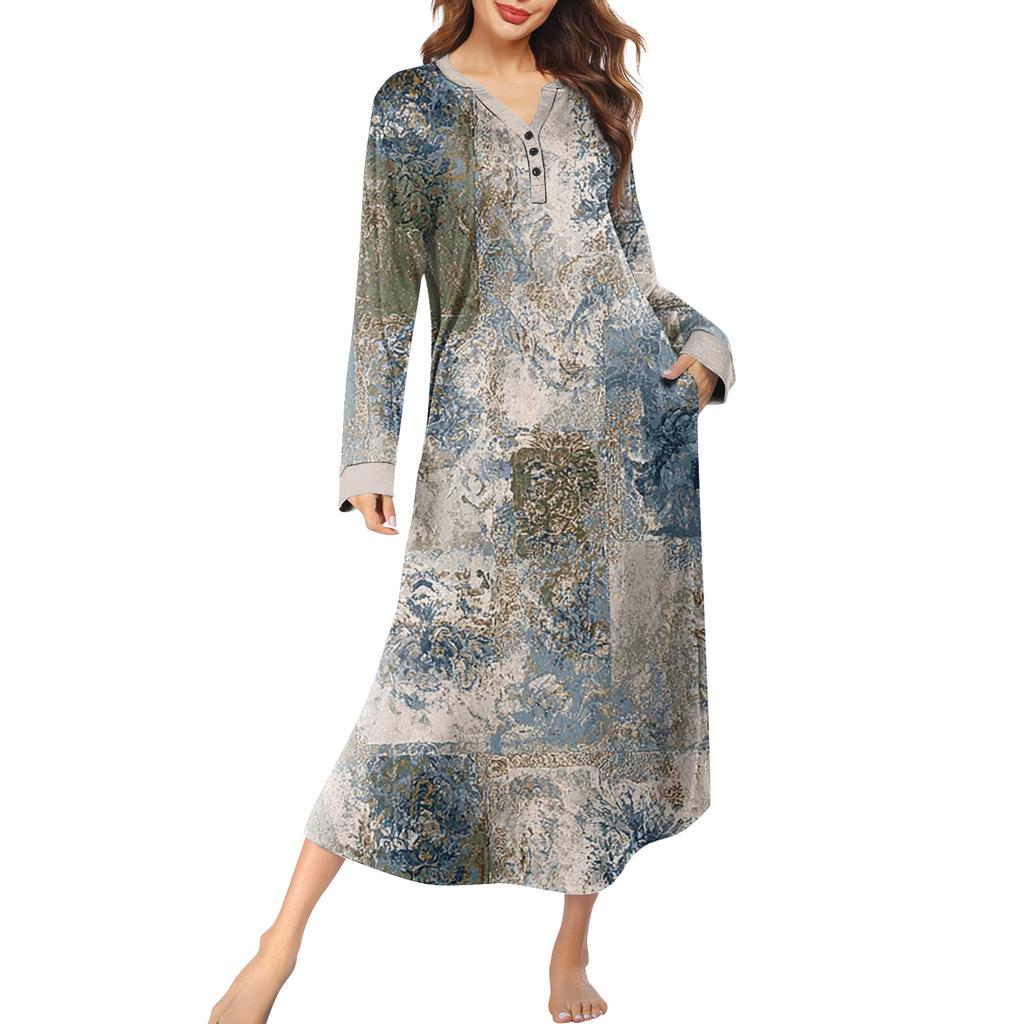 Dámská noční košile dlouhá společenská V-výstřih noční košile s kapsami