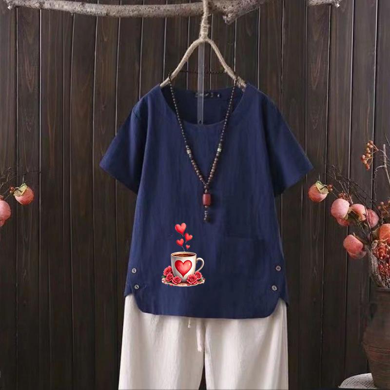 Damen T-Shirt aus Baumwolle und Leinen für den Alltag mit 6 Druckern, runden Ausschnitten und kurzen Ärmeln, s-4xl