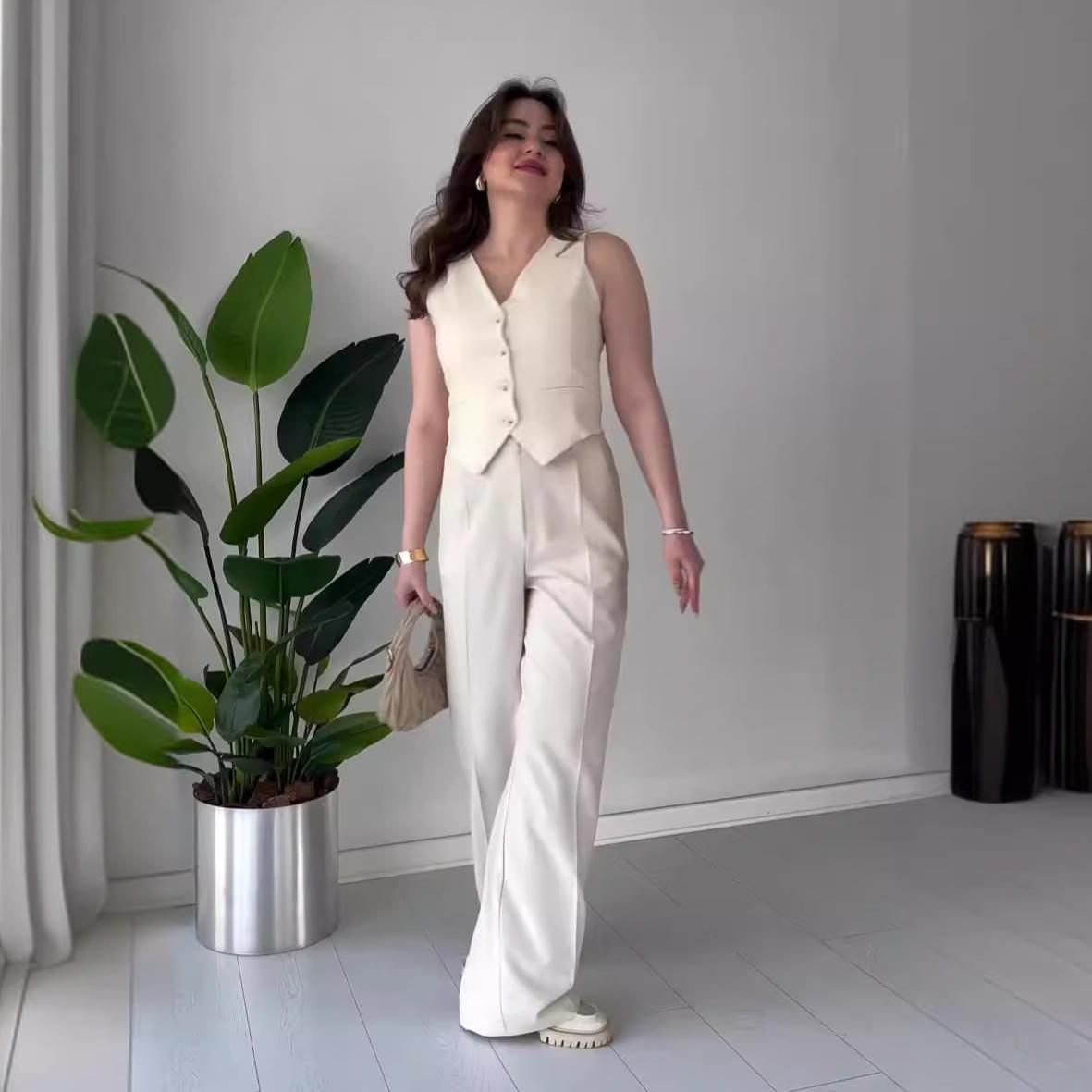 

Летний женский модный однотонный комплект: жилет и брюки с высокой посадкой и широкими штанинами Extra Small абрикосовый