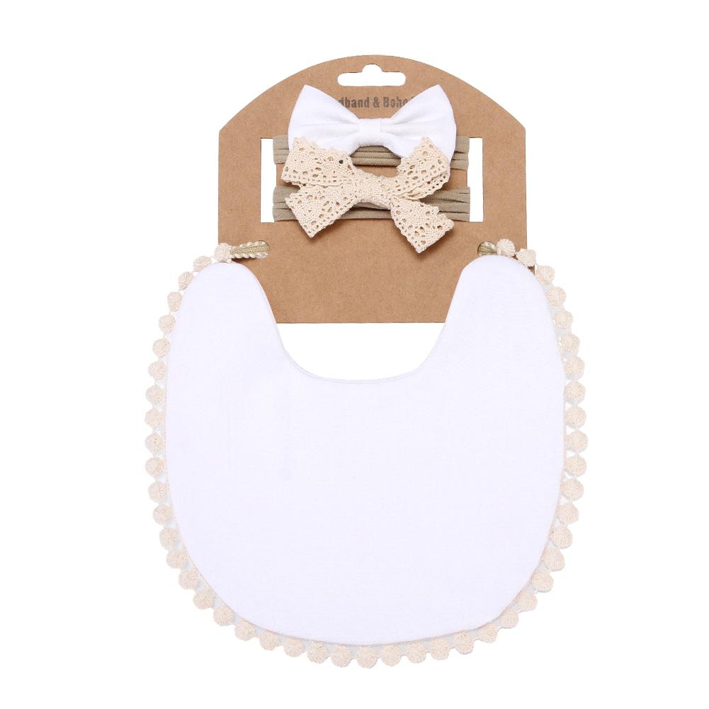 3Pcs/Set Solid Bamboo Cotton Baby Boy Girl Bib Lace Bow Headband Tassel Soft Newborn Feeding Burp Cloth Saliva Towel Kids Scarf