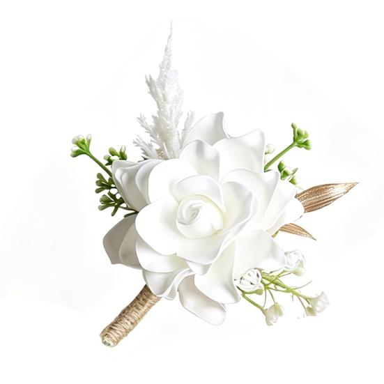 Men Simulated Rose Corsage Lightweight Compact Size Brooch Forest Style Suit Decoration with Green Leaves Vine Elements Prom Floral Accessory