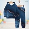 Boys Girls Hooded Long Sleeve Sweatshirt Marble Printed Blue Gold Cuffed Pants Two Piece Set