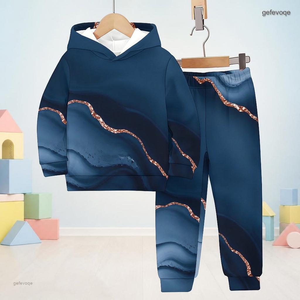 Boys Girls Hooded Long Sleeve Sweatshirt Marble Printed Blue Gold Cuffed Pants Two Piece Set