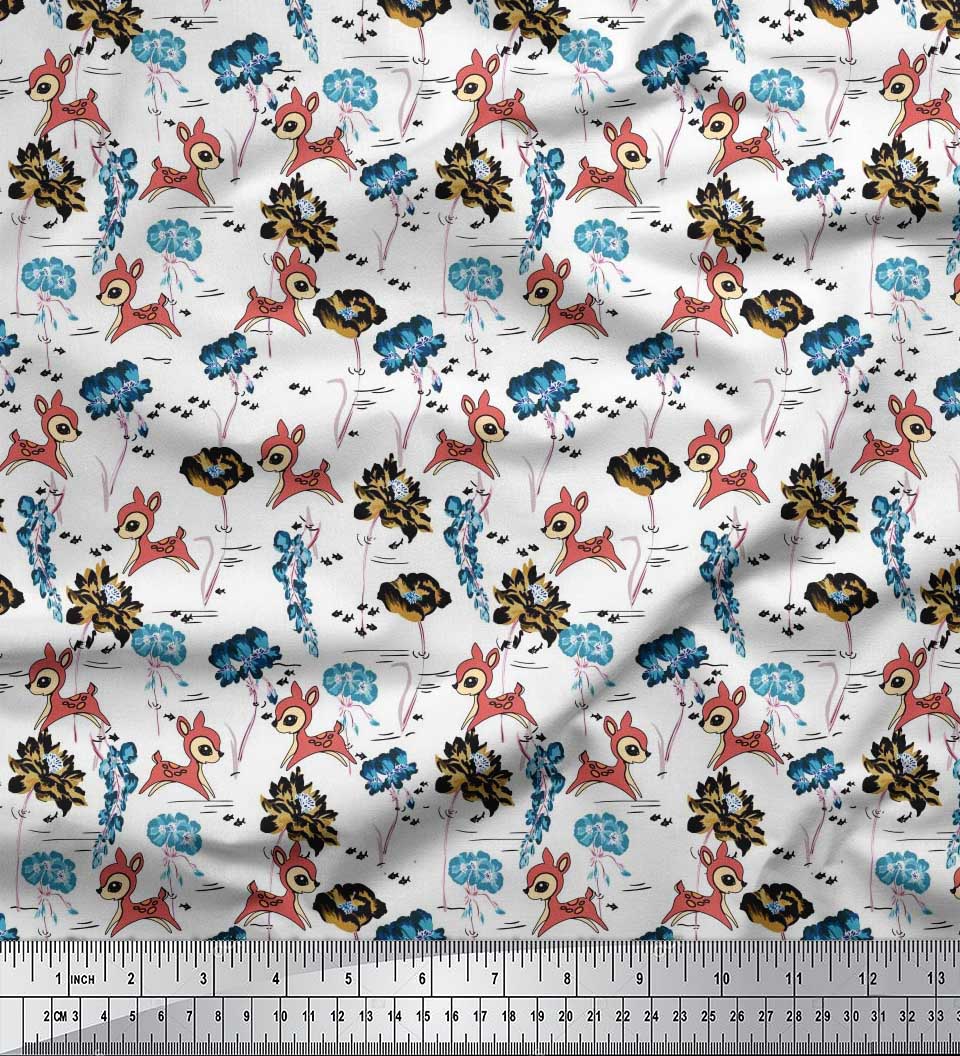 

Японська креп-сатин Soimoi Тканина для рукоділля з принтом із квітами, рибками та оленями на метри 42 дюйми 42 Inch Wide - Poly Crepe білий