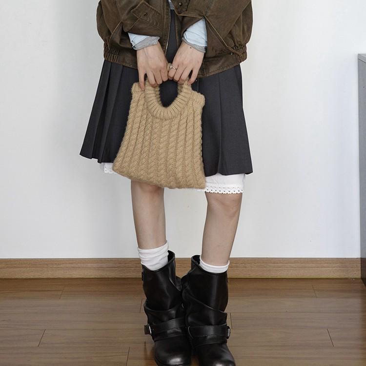 Korean Style Retro Knit Tote Bag - Handmade Wool Autumn/Winter Crochet Handbag