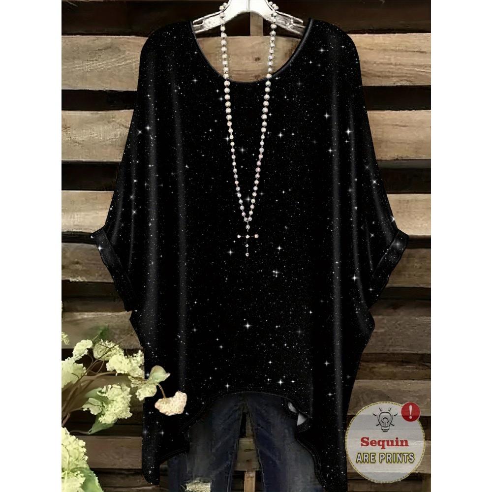 Women 's T-Shirt Simple Color Gradient Print Elegant Irregular Hem O- Neck Women's Clothing Casual T-Shirt Vacation Style Loose