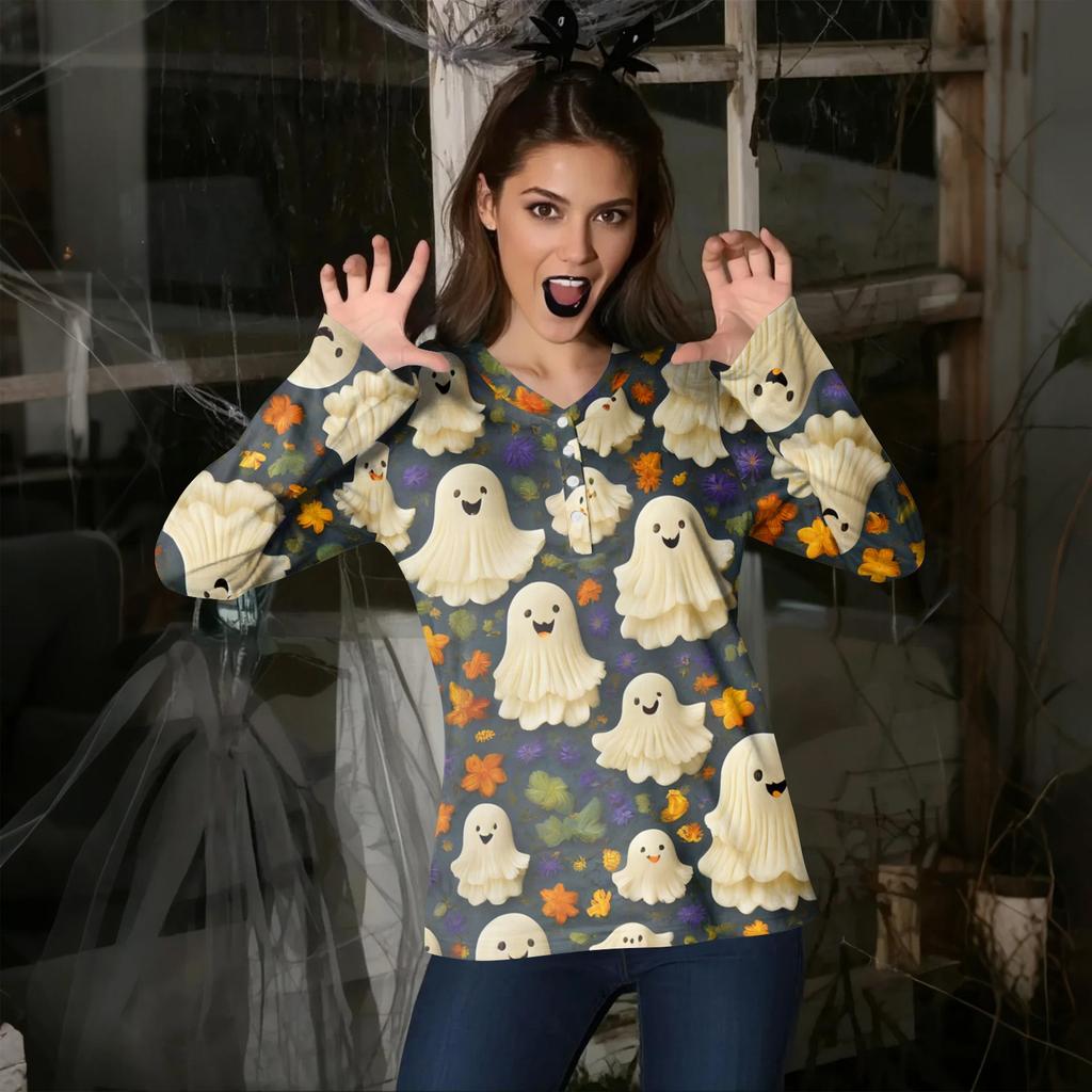 Women's Casual Fashion Sexy Comfort Halloween Printed V-Neck Button Long Sleeve