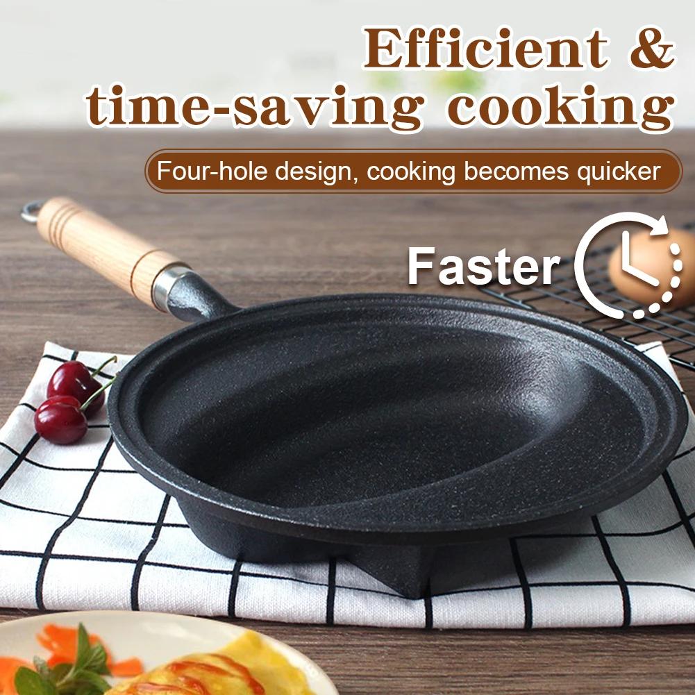 Cast Iron Frying Pan with Wood Handle Omurice Cooking Pot Non-Stick Pancake Mold Skillet Pan Anti-Scald for Home Kitchen