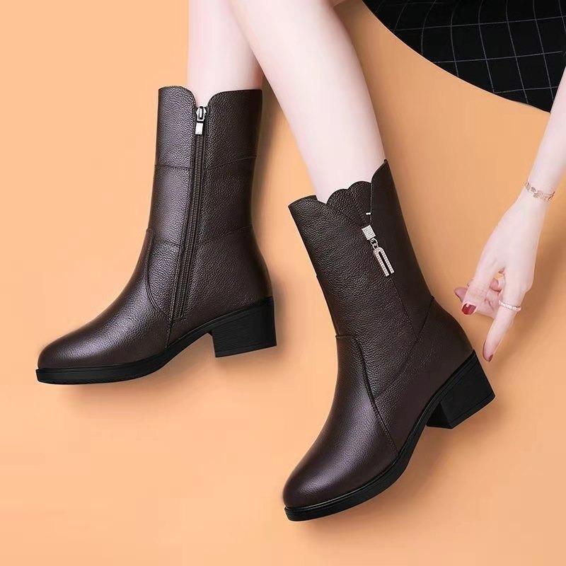 Soft Leather Thick High-heeled Martin Boots Women's Medium Boots Autumn and Winter New Velvet Versatile Cotton Shoes Women's Boots