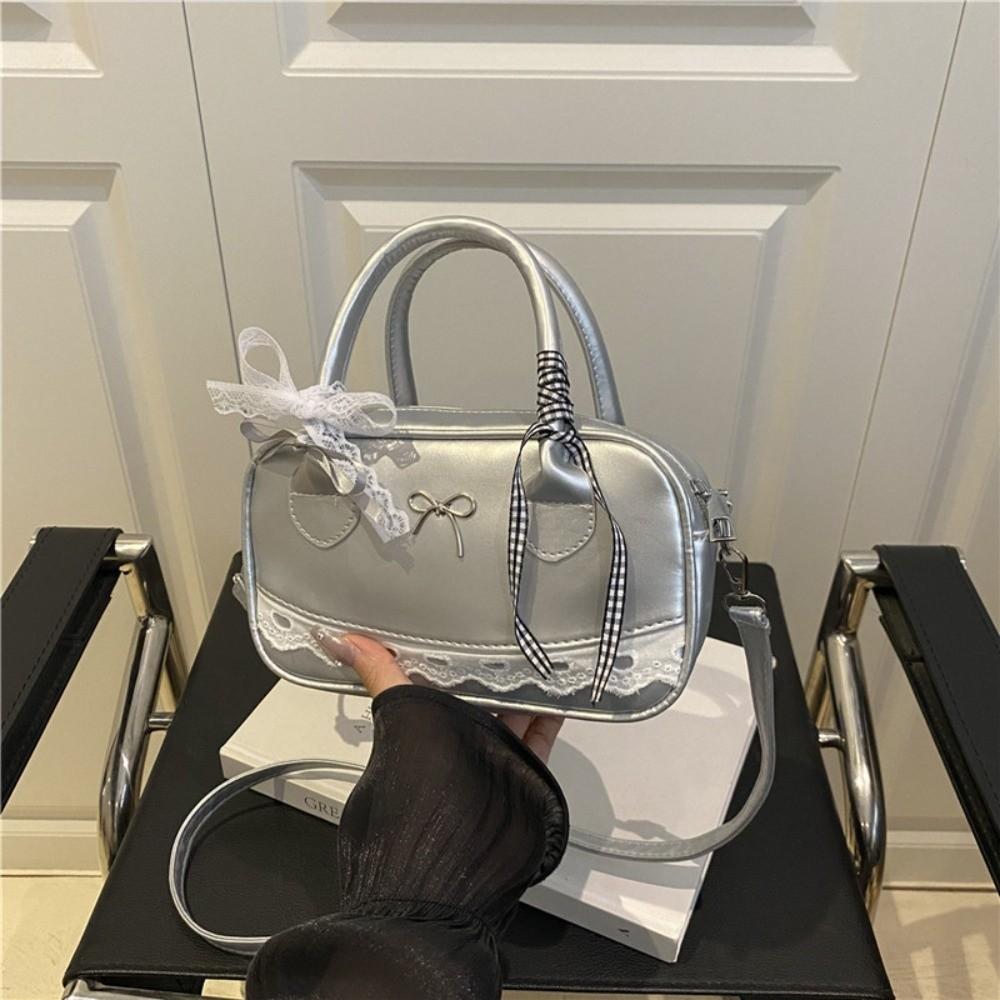 Lace Ribbon Boston Handbag Bow Small Square Bag Dumpling Style Crossbody Bowling Bag  Women