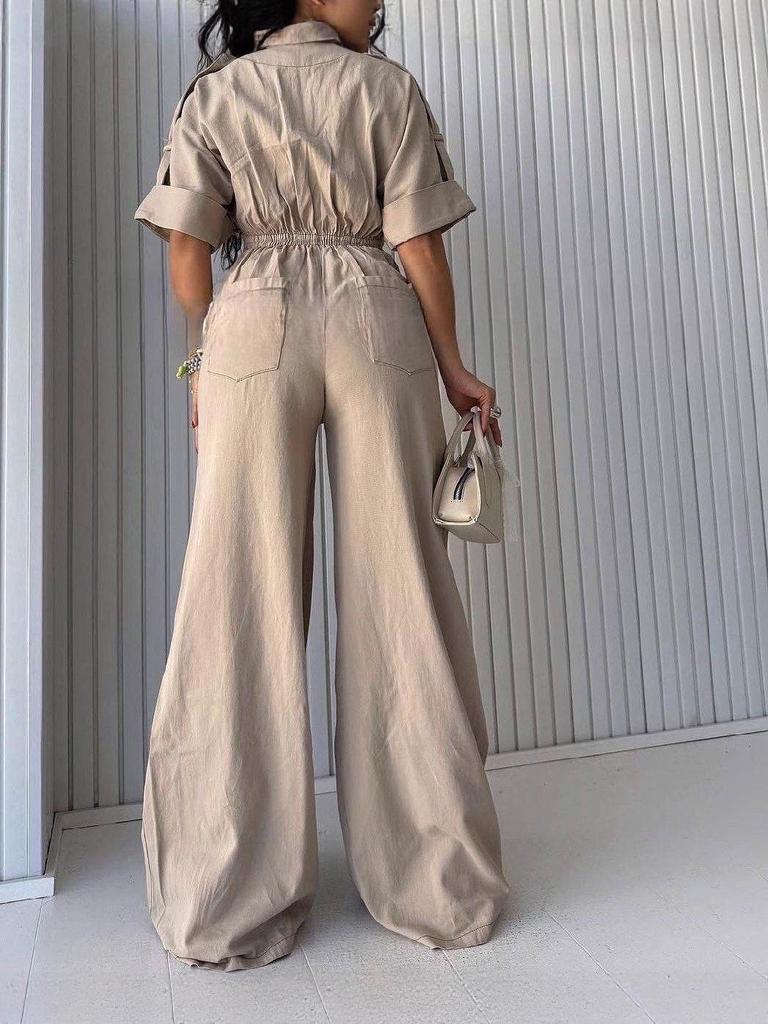 Women's Fashion Jumpsuit: New Loose-Fit, Waist-Slimming Wide-Leg Pants with Lapel Workwear Design.
