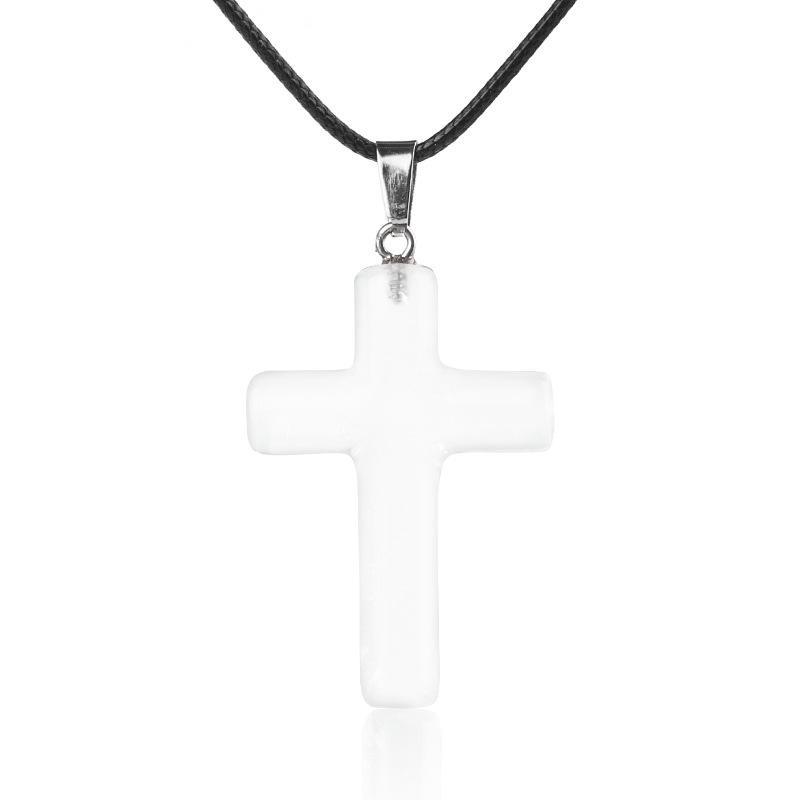 1Pc Handmade Carved Cross Natural Stone Pendant Necklace For Women Men Healing Chakra Crystal Charms Choker Jewelry
