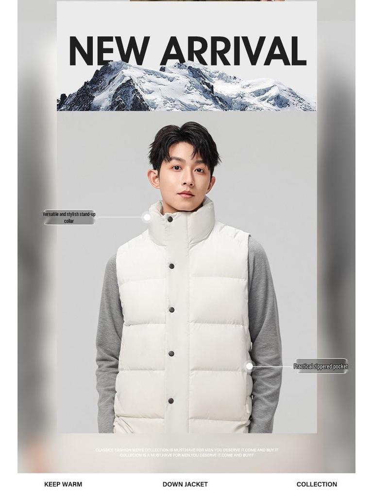 Men's 2026 Winter Stand Collar White Duck Down Vest - Casual, Warm, and Trendy Sleeveless Outerwear.