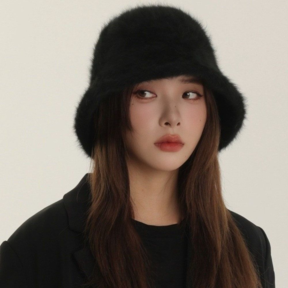 Furry Winter Fisherman Hat Knitted Anti-cold Bucket Hat Temperament Plush Bucket Cap  Outdoor