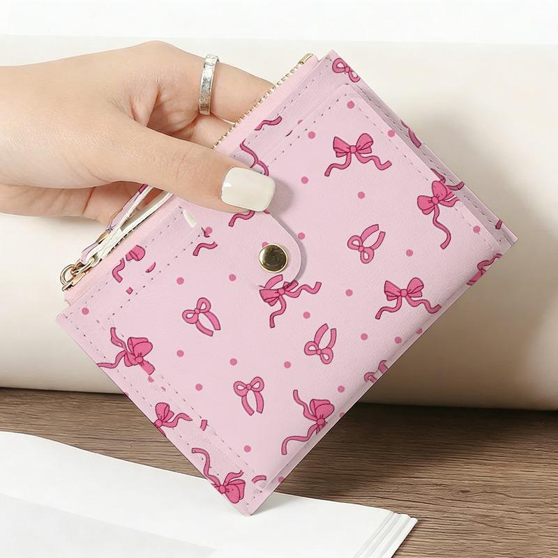 Pink Bow Wallet for Women Simple PU Card Bag Ultra-thin Zipper Coin Purse Small Credit Card Holder Travel Wallet