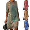 Women's Ethnic Print Casual V Neck Dress Loose Fit Mid Sleeve Knee Length Bohemian Style Summer Dress