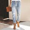 Women Pull- Distressed Denim Joggers Elastic Waist Stretch Pants