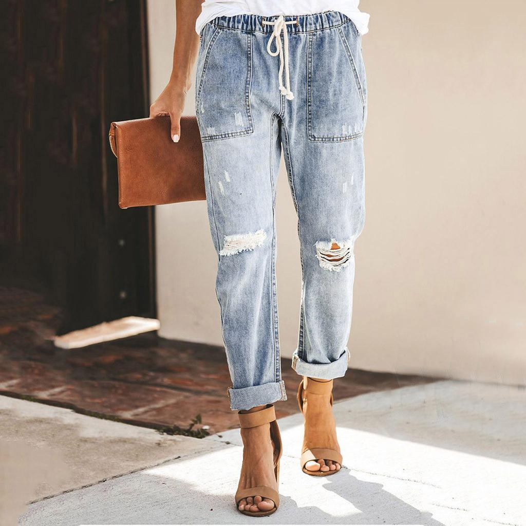 Women Pull- Distressed Denim Joggers Elastic Waist Stretch Pants