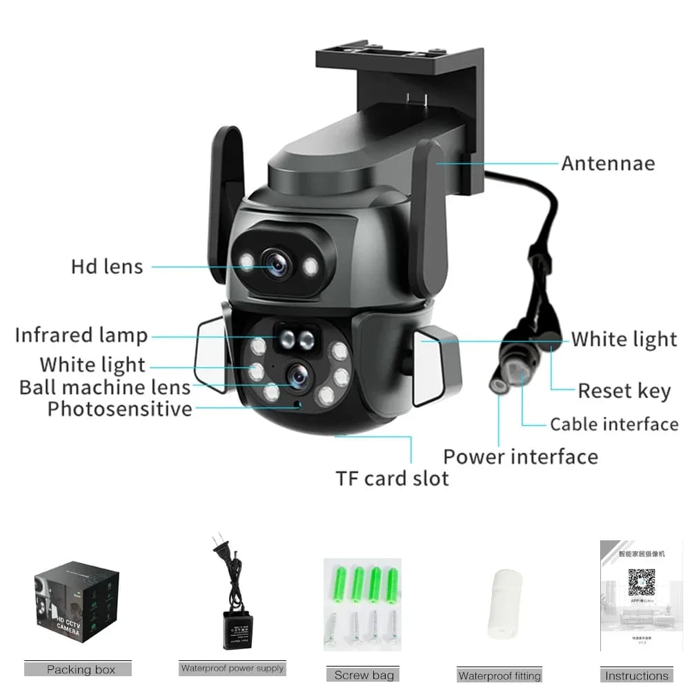 Câmera binocular WIFI de tela dupla 4K 8MP PTZ AI Body Rastreamento automático CCTV Segurança Luz colorida inteligente Monitoramento de visão noturna