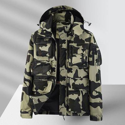 Men's Camouflage Workwear Jacket with Detachable Hood, Windbreaker for Spring/Autumn, Fashionable Loose Fit, Large Pockets