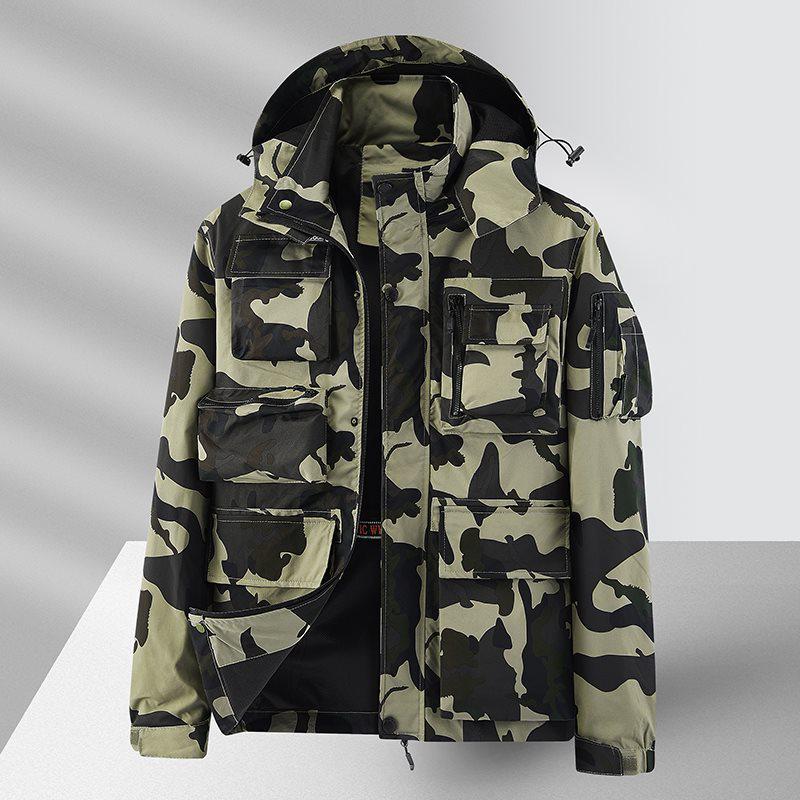 Men's Camouflage Workwear Jacket with Detachable Hood, Windbreaker for Spring/Autumn, Fashionable Loose Fit, Large Pockets